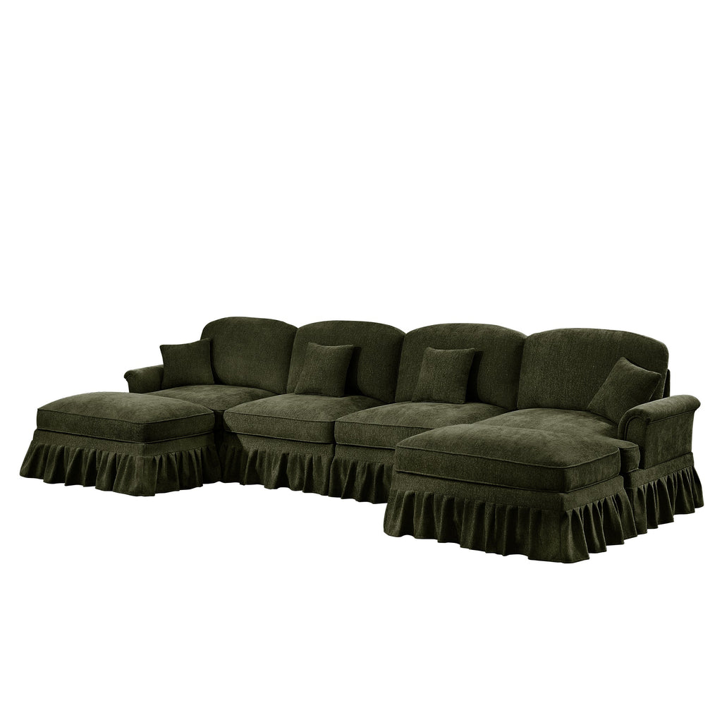 Classic U Shape 4 Seater Modular Sectional Sofa Couch with Flared Arms and Removable Ruffles Pleats Skirts and Spindle Legs, Chenille Deep Seat Cloud Sofa with Movable Ottomans, Green