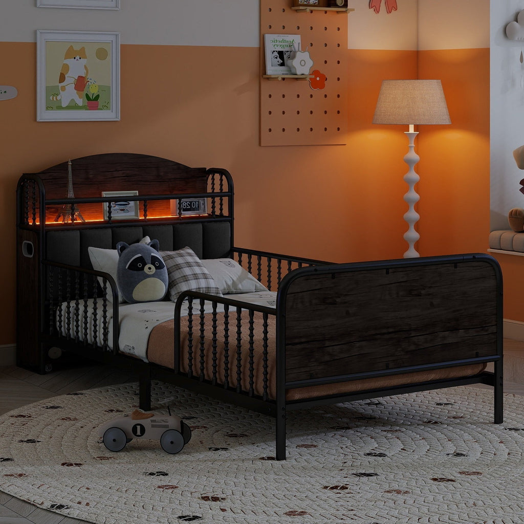 Twin Size Metal Platform Bed Frame with Light, Kids Twin Metal Bed with Upholstered and Pull Out Storage Shelves, Black (Expect Arrival Date 2025/10/5)