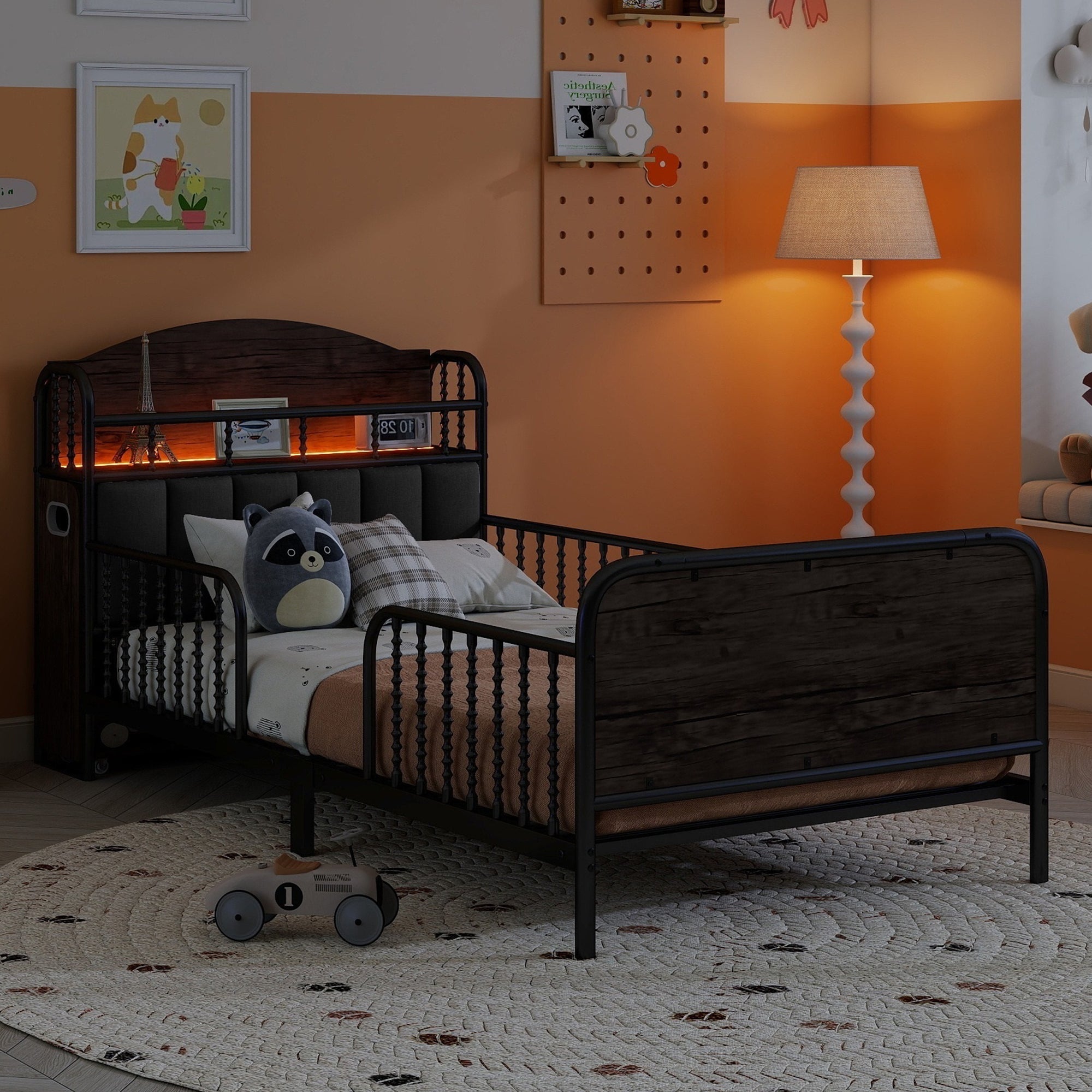 Twin Size Metal Platform Bed Frame with Light, Kids Twin Metal Bed with Upholstered and Pull Out Storage Shelves, Black (Expect Arrival Date 2025/10/5)