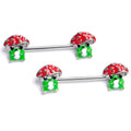 14G 9/16 Happy Mushrooms Green Red Barbell Nipple Ring Set