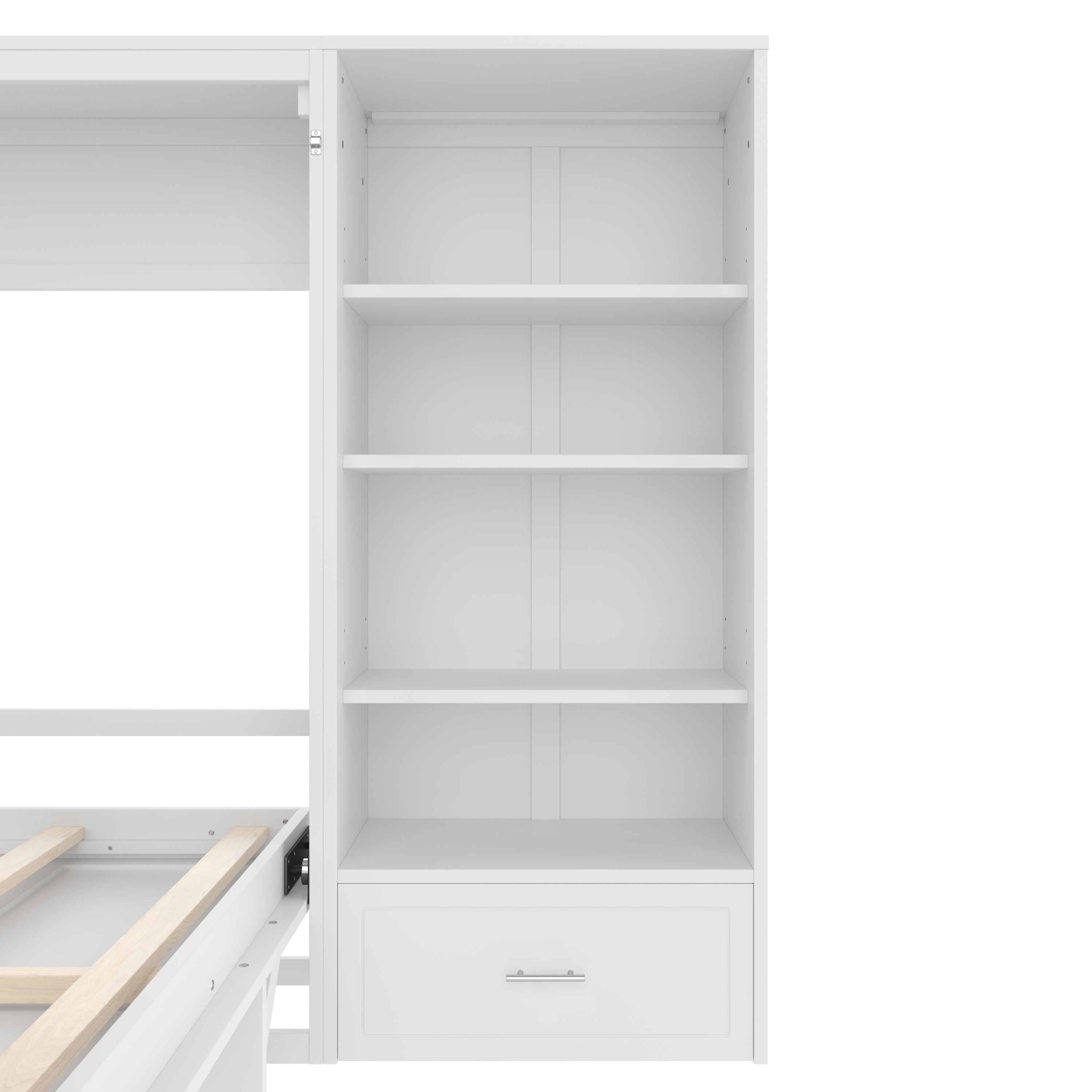 Queen Size Murphy Bed with Height Adjustable Storage Compartments and Shelf, Wall Bed Frame With 1 Drawer, Multifunctional Foldable Platform Bed for Small Space,Bedroom,Guest Room, White