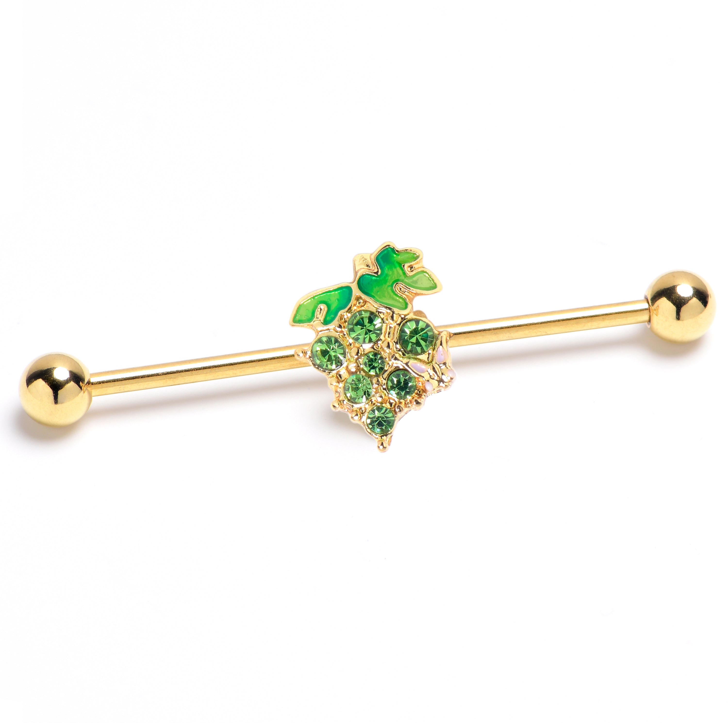14G Green Gem Gold Tone Butterfly Grapes Industrial Barbell 38mm