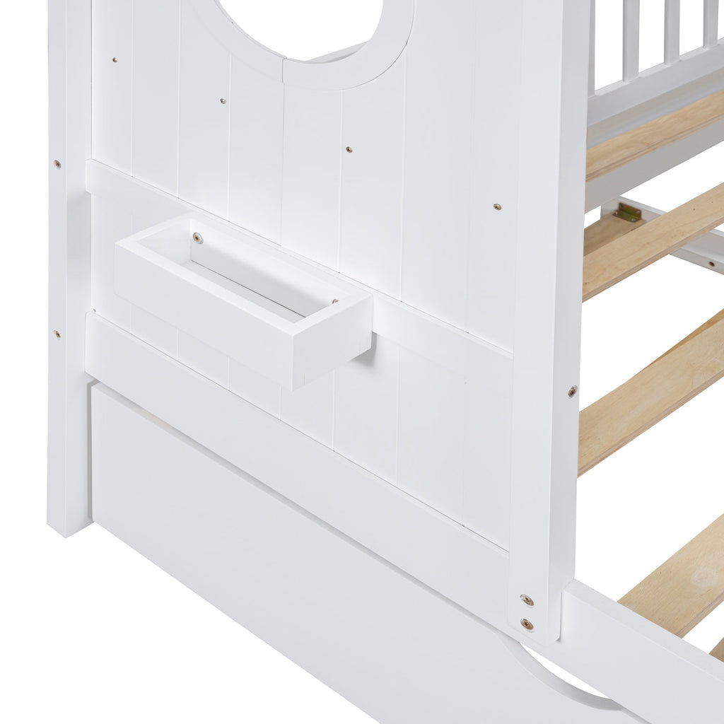 Wooden Full Size House Bed With Trundle, Modern Design for Kids with Storage Shlef, White(old SKU HL000095AAW)