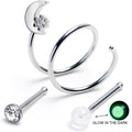 20G Clear Gem Moon Spiral Glow In Dark Nose Ring Set of 3