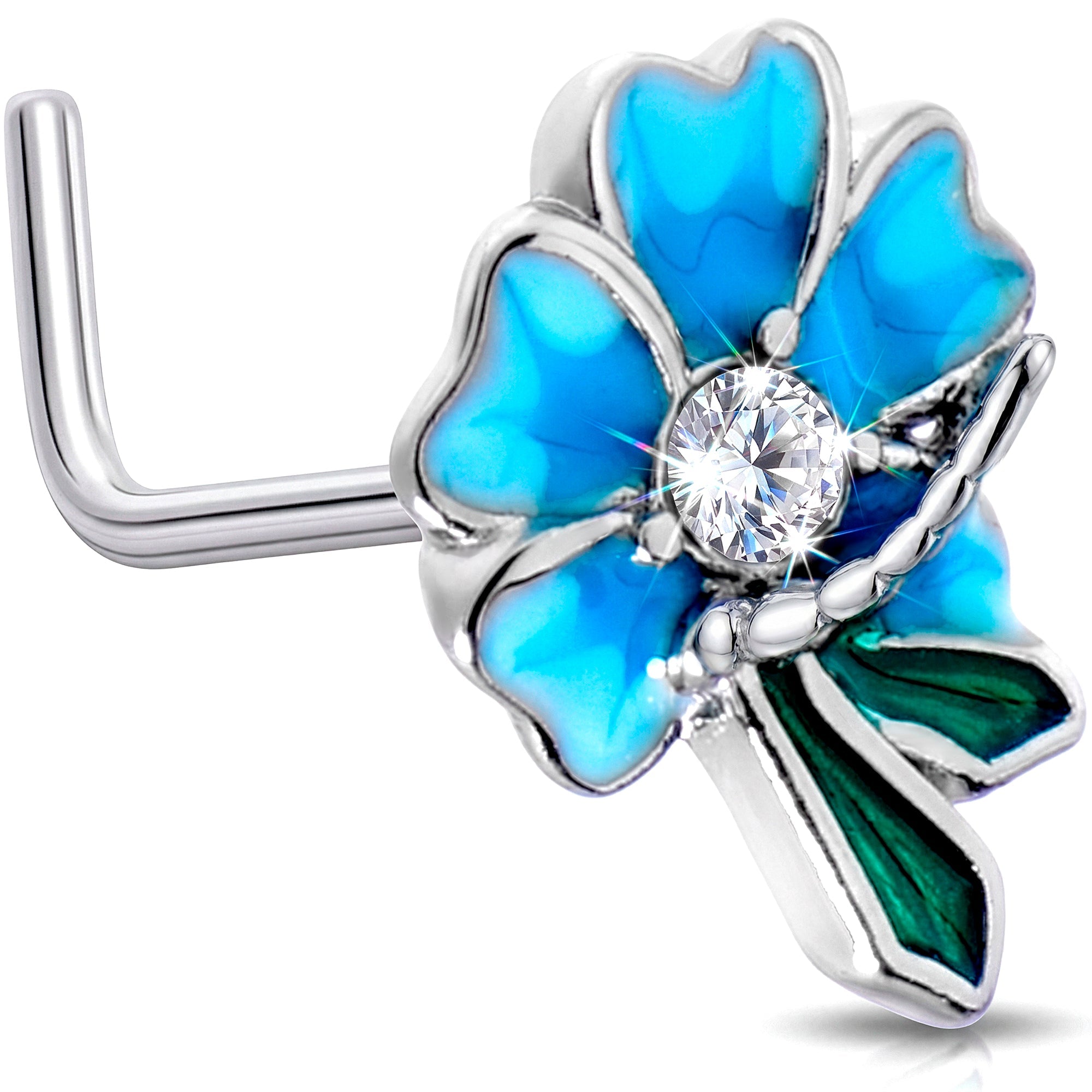 20G 1/4 Clear Gem Faerie Flower Blue L Shape Nose Ring