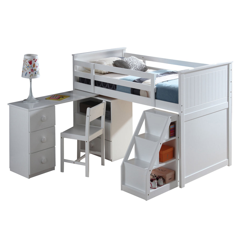 White Twin Loft Bed with Built-in Desk and Chest