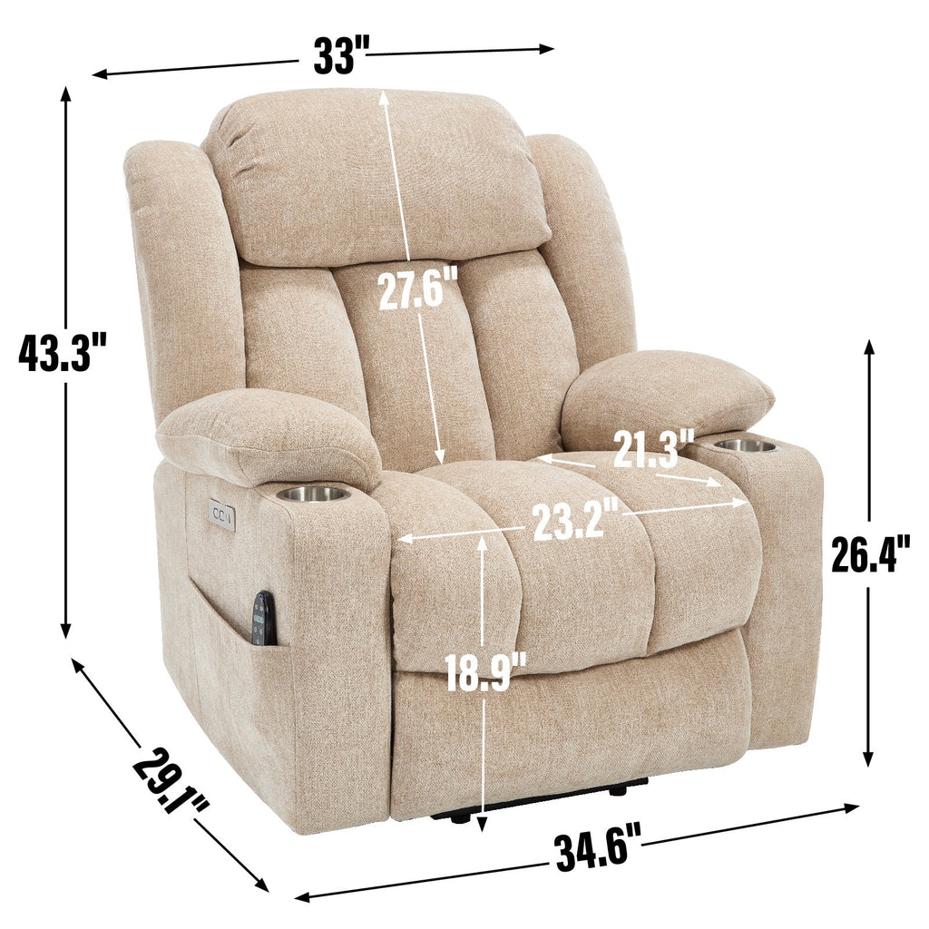 Up to 350 LBS Chenille Power Lift Recliner Chair, Heavy Duty Motion Mechanism with 8-Point Vibration Massage and Lumbar Heating, USB and Type-C Ports, Stainless Steel Cup Holders, Beige