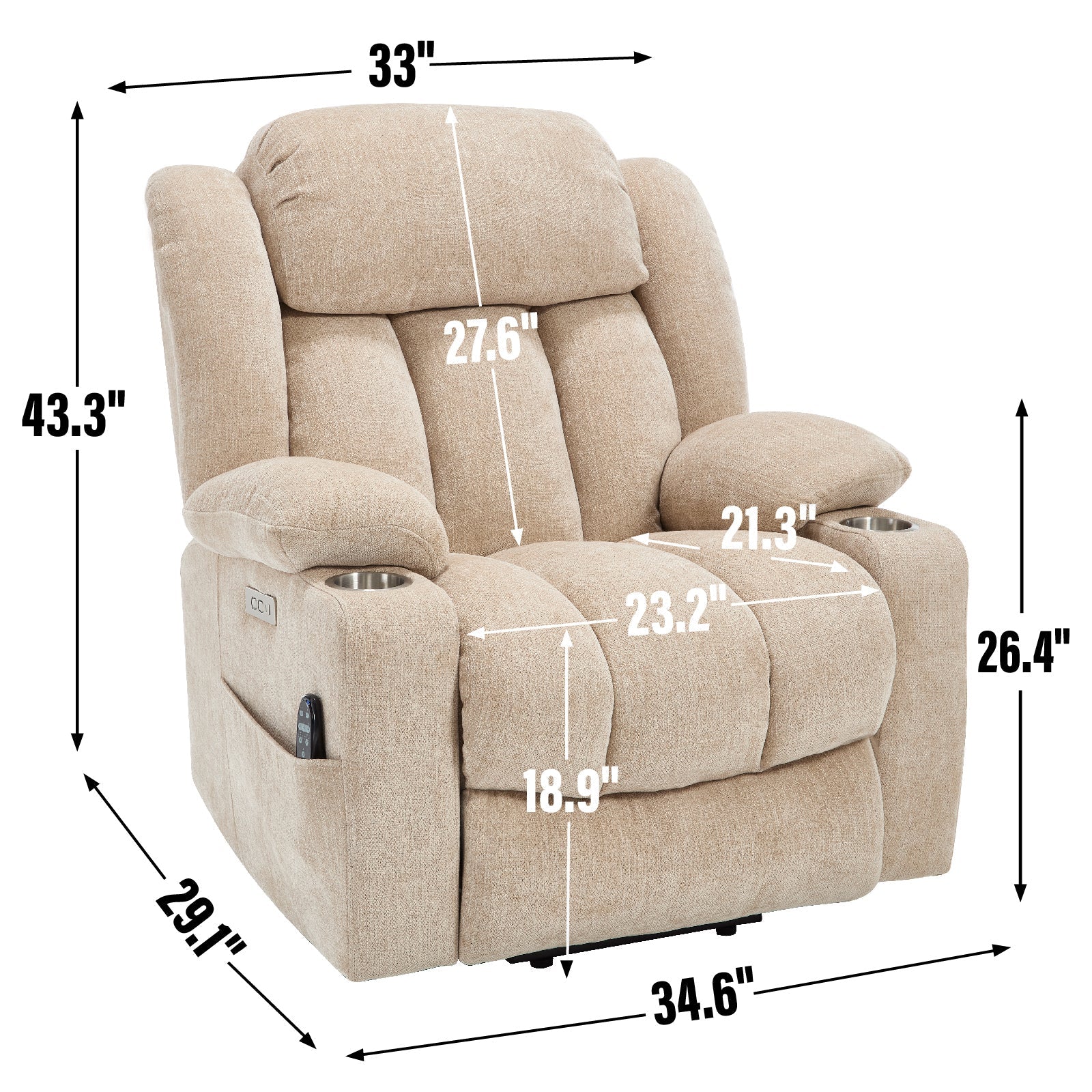 Up to 350 LBS Chenille Power Lift Recliner Chair, Heavy Duty Motion Mechanism with 8-Point Vibration Massage and Lumbar Heating, USB and Type-C Ports, Stainless Steel Cup Holders, Beige