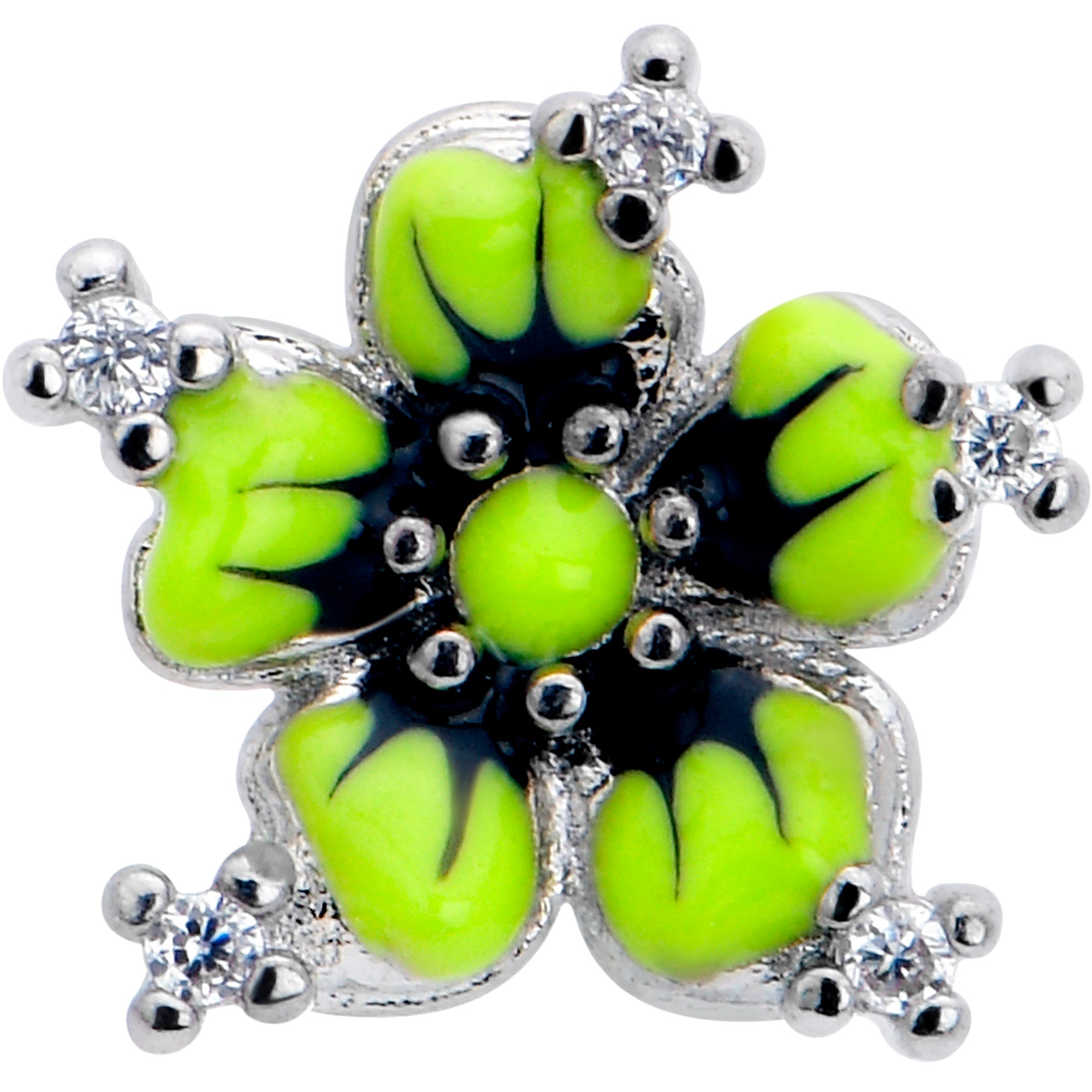 16G Clear CZ Gem Go Green Flower Flat Back Earring