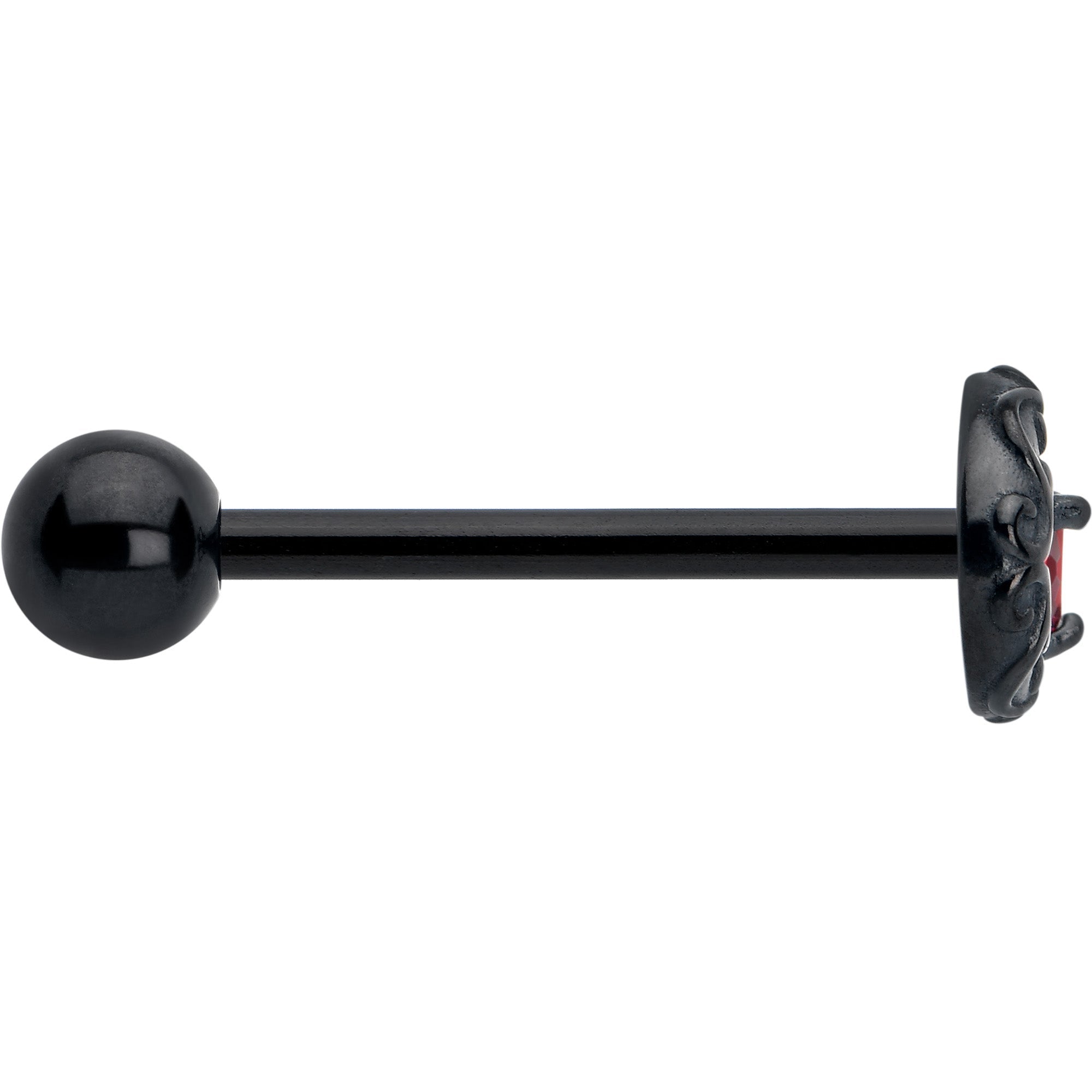 Red CZ Gem Black Scroll Moon Heart Barbell Tongue Ring