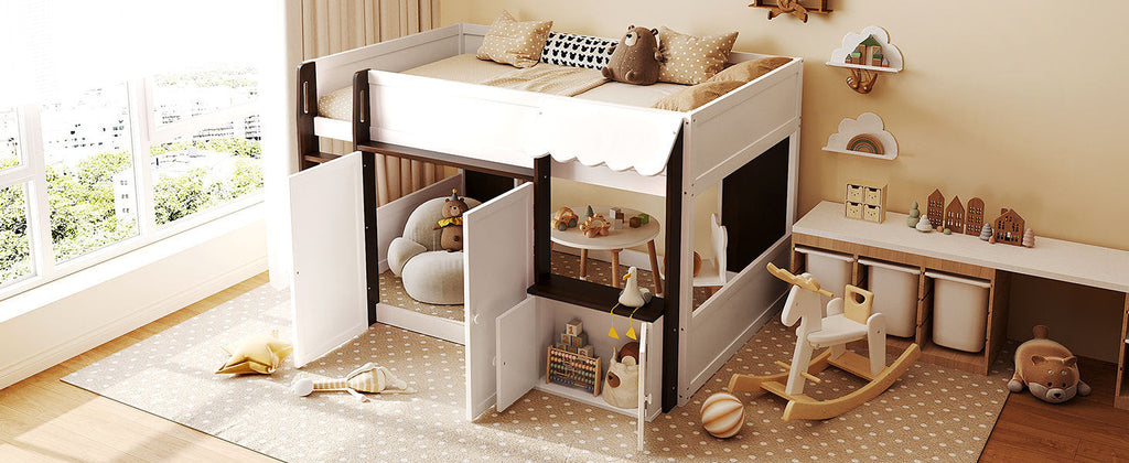 Full Loft House Bed with Playhouse & Storage, Modern Wood Cabin Bed for Kids/Teens, White+Espresso