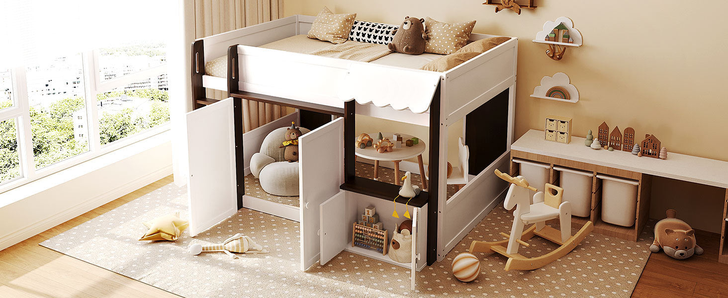 Full Loft House Bed with Playhouse & Storage, Modern Wood Cabin Bed for Kids/Teens, White+Espresso