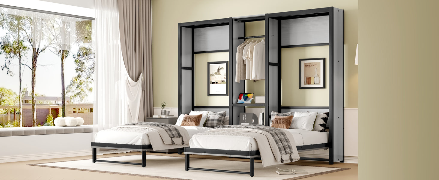 Twin and Twin Murphy Bed, Metal Foldable Murphy Bed with Wardrobe, Shelves and Power Outlets, 2 in 1 Design, Space-saving, Gray