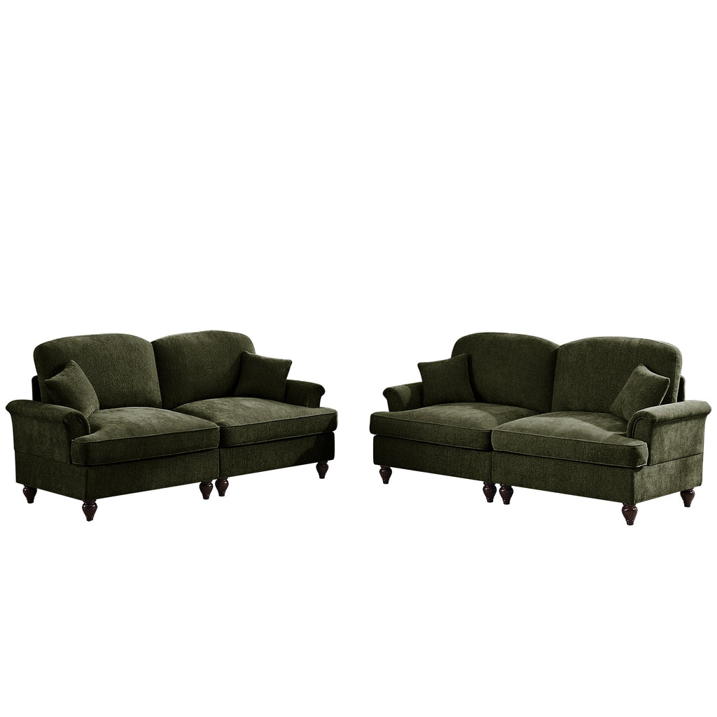 Classic 2 Piece Modular Couch Living Room Sofa Set with Flared Arms and Removable Ruffles Pleats Skirts and Spindle Legs, 2 Seater Sofa + 2-Seat Loveseat Sofa Sets for Living Room,Green