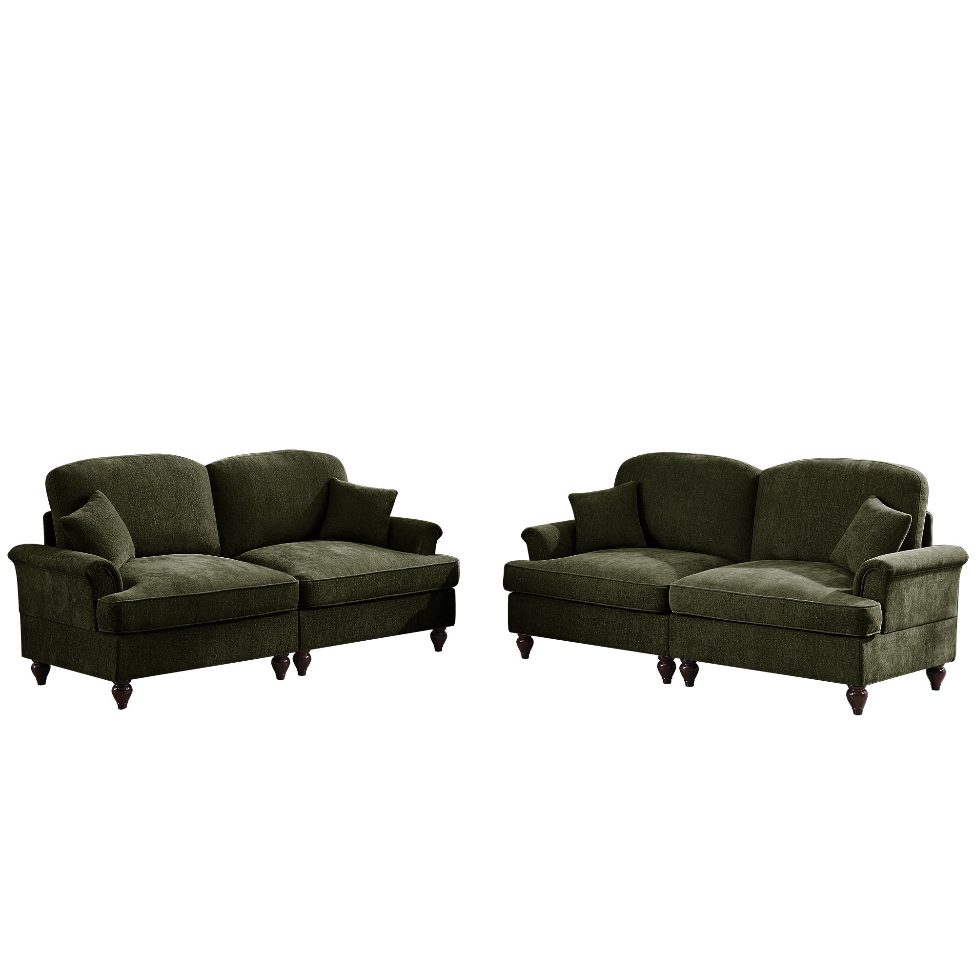 Classic 2 Piece Modular Couch Living Room Sofa Set with Flared Arms and Removable Ruffles Pleats Skirts and Spindle Legs, 2 Seater Sofa + 2-Seat Loveseat Sofa Sets for Living Room,Green
