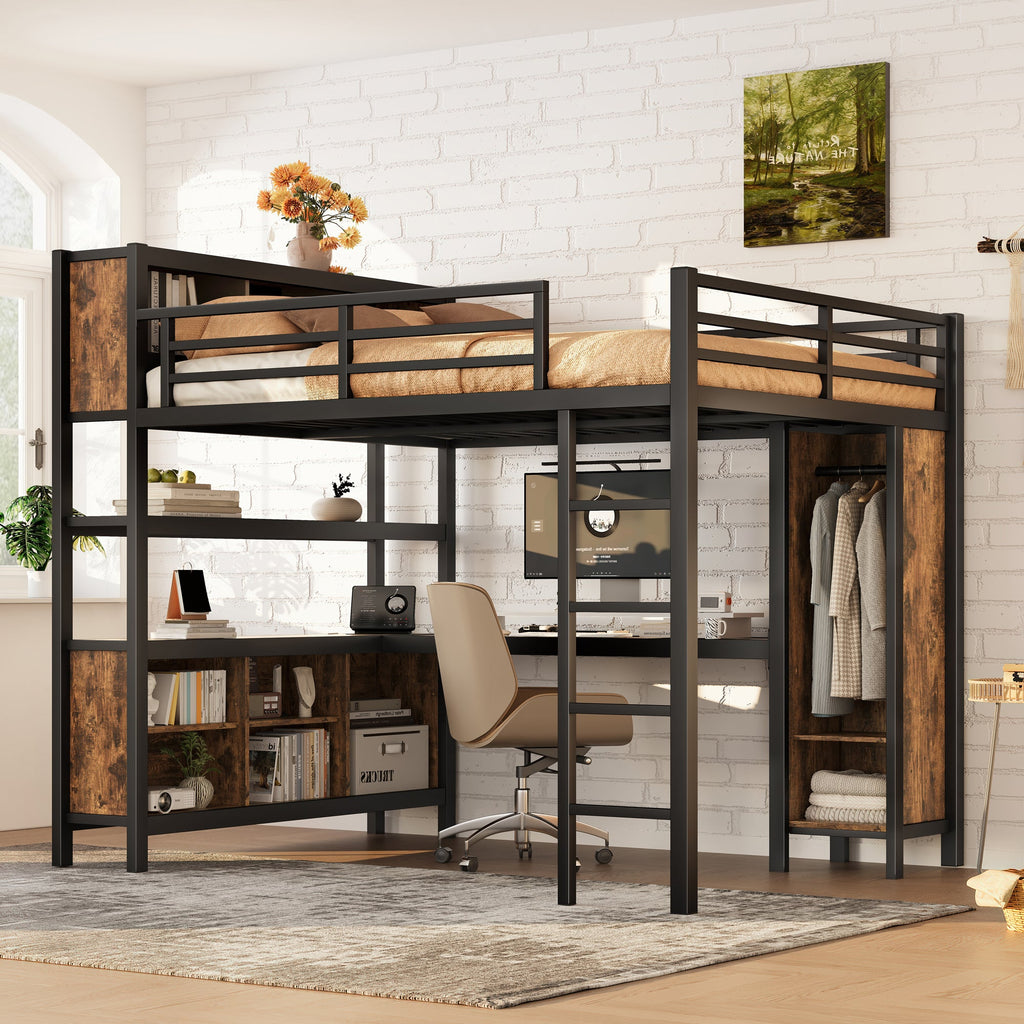 Metal Loft Bed with Wardrobe And L-shaped Desk, Queen Size Loft Bed with Storage Cubes and Shelves, Heavy Duty Loft Bed for Kids Teens Adults, Black Woodgrain