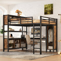 Metal Loft Bed with Wardrobe And L-shaped Desk, Queen Size Loft Bed with Storage Cubes and Shelves, Heavy Duty Loft Bed for Kids Teens Adults, Black Woodgrain
