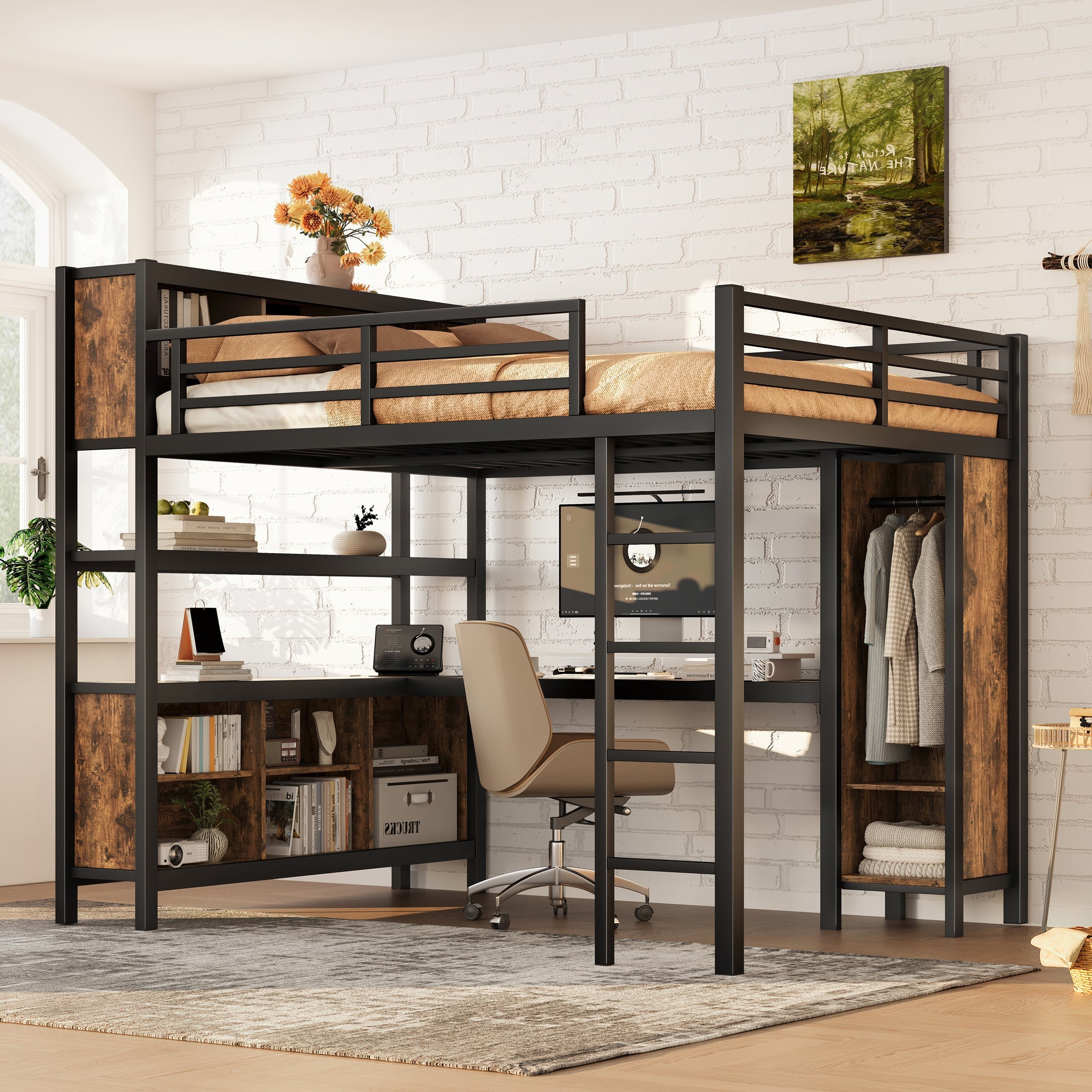 Metal Loft Bed with Wardrobe And L-shaped Desk, Queen Size Loft Bed with Storage Cubes and Shelves, Heavy Duty Loft Bed for Kids Teens Adults, Black Woodgrain