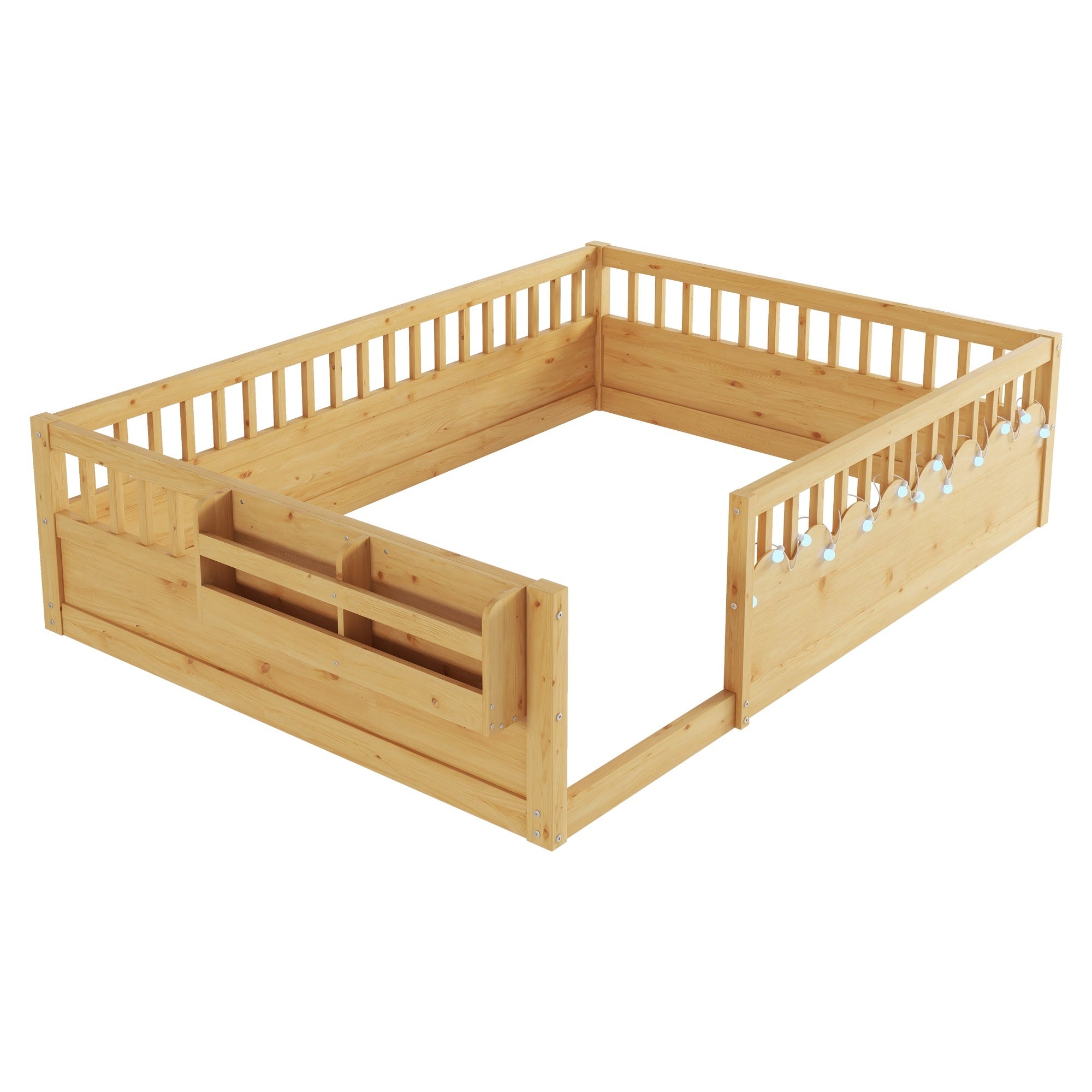 Full Montessori Floor Bed Frame with High Rails, Wood Kids Floor Beds with Light and Storage Shelf, Natural (Expect Arrival Date 2025/8/15)