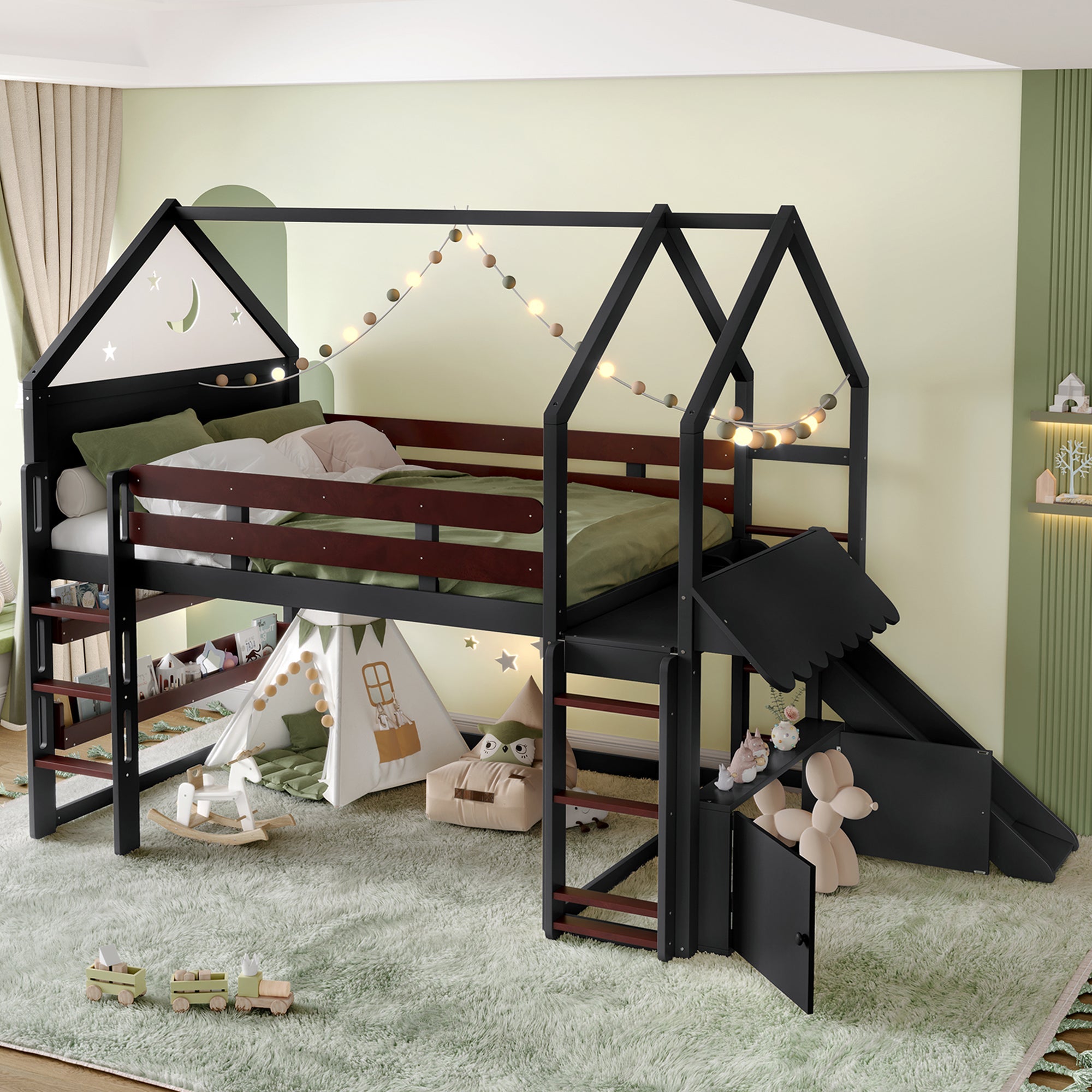 Full Size Loft Bed with Bookshelf Playful Design for Kids House-Shaped Structure with Slide High-Quality Safety Rails,Black.
