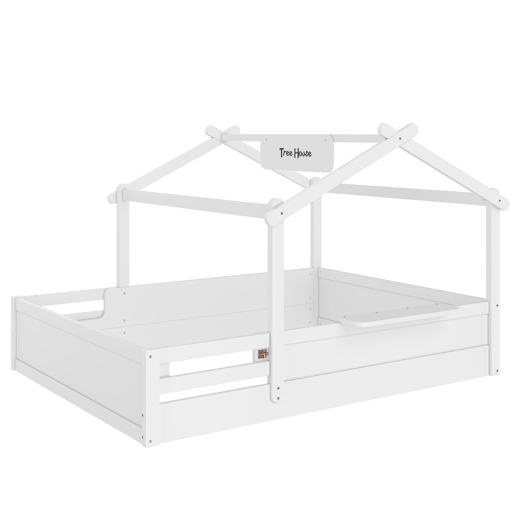 Queen Size Floor Bed with Guardrails and Roof, Kids House Floor Bed with a Small Built-in Tray and Free-installed Signboard, Childlike Design, White