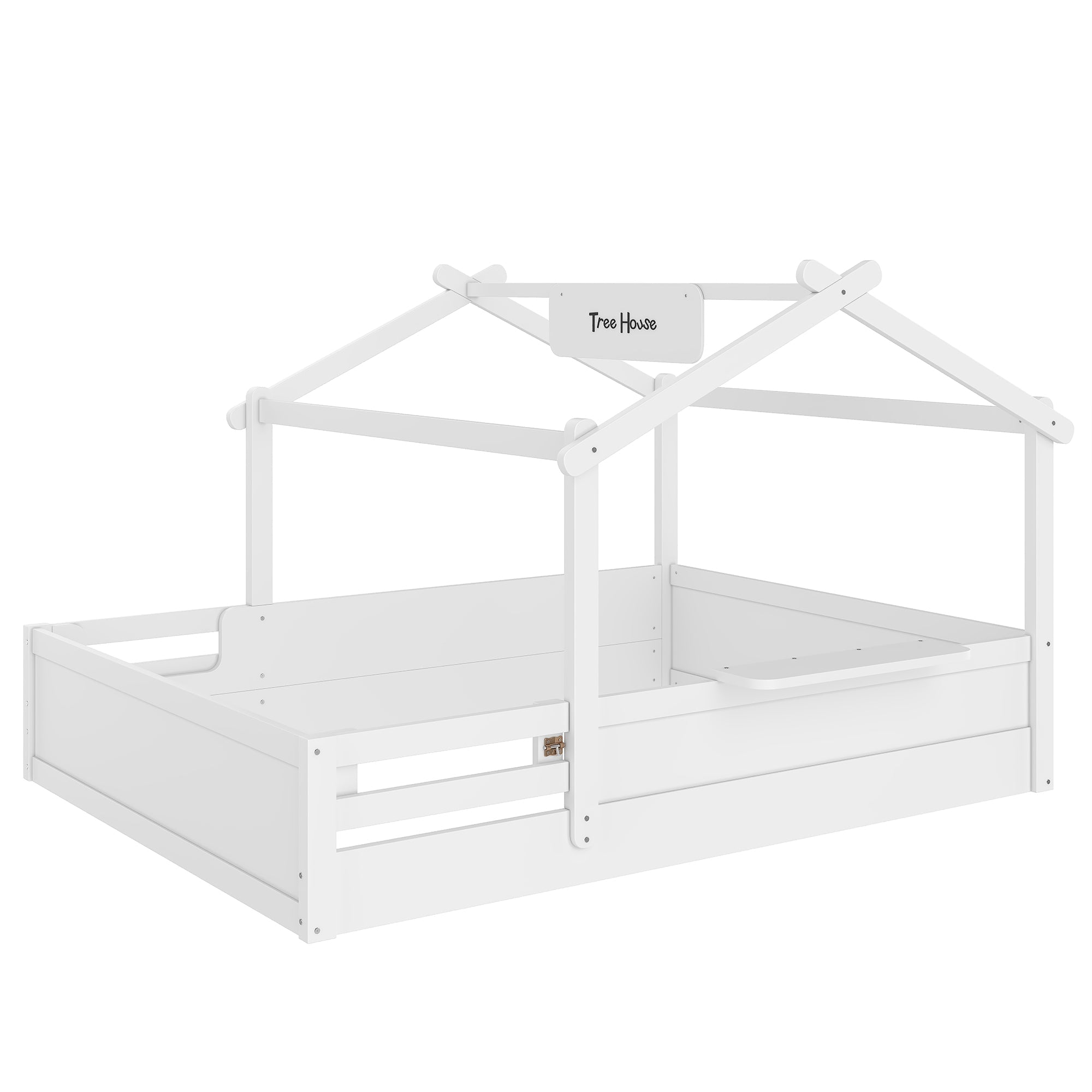 Queen Size Floor Bed with Guardrails and Roof, Kids House Floor Bed with a Small Built-in Tray and Free-installed Signboard, Childlike Design, White
