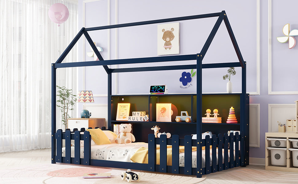 Twin Size House Bed with LED Light, Wood House Bed with Storage Bookshelf, Floor House Bed with Guardrails for Kids, Navy Blue (Expect Arrival Date 2025/3/14)