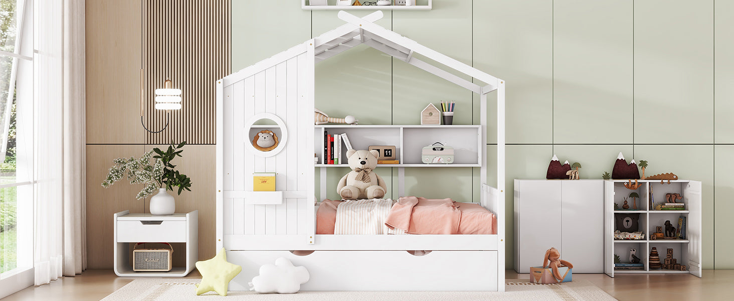 Wooden Full Size House Bed With Trundle, Modern Design for Kids with Storage Shlef, White(old SKU HL000095AAW)