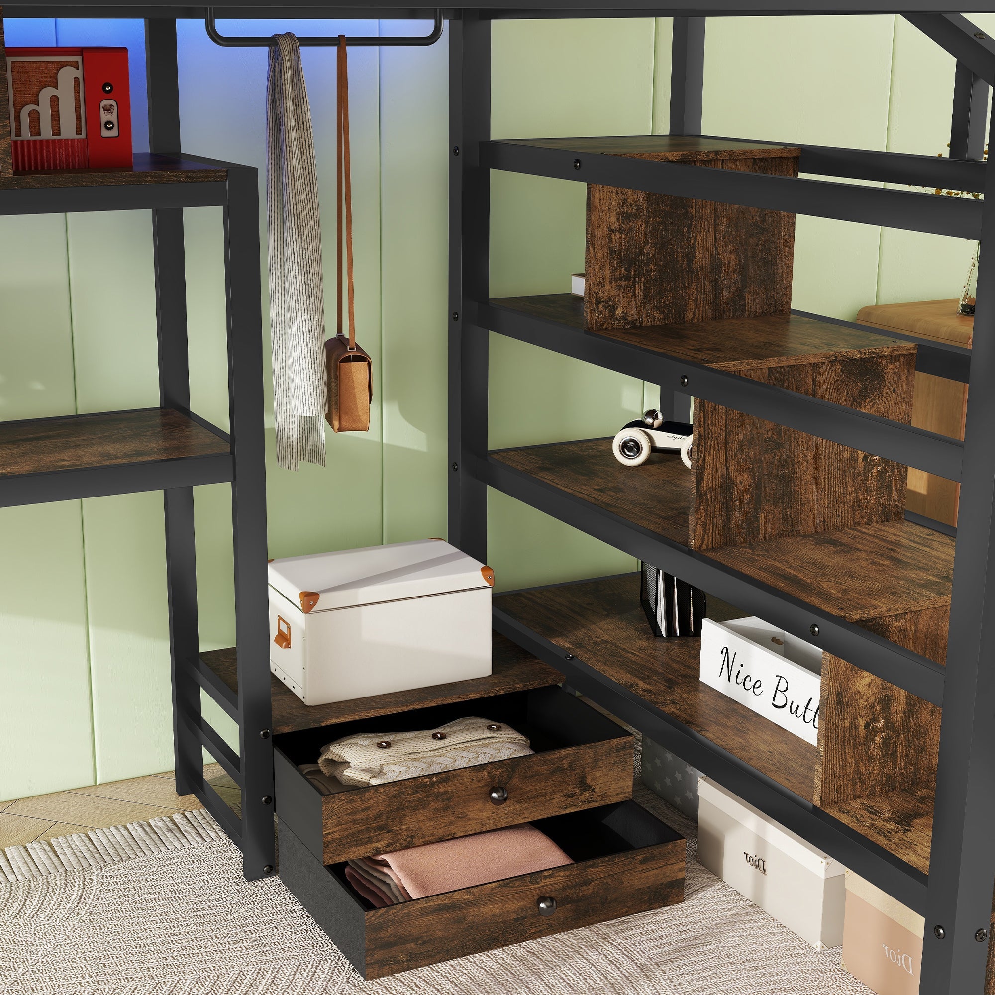 Full Size Loft Bed with LED Light & Charge Station, Metal Loft Bed with Desk and Staircase, Loft bed with Wardrobe for Kids, Black (Expect Arrival Date 2025/4/30)