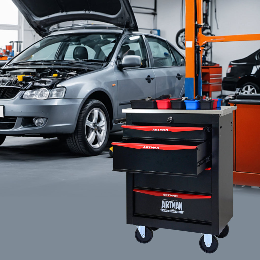 4-Drawer Multifunctional Tool Cart with Wheels, Metal Rolling Tool Cart Storage for Garage Workshop Warehouse Repair Shop - with Stainless Steel Roof - Black & Red