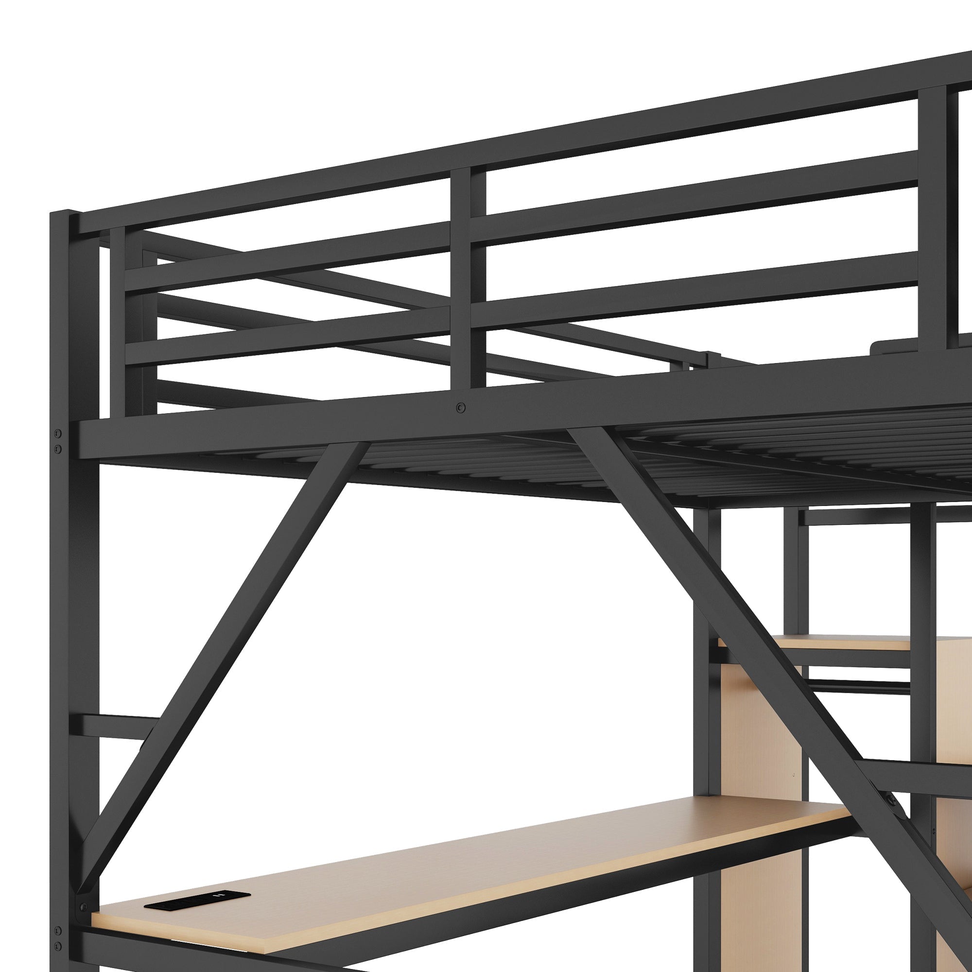 Full Loft Bed with Desk and Charging Station, Full Size Metal Loft Bed with Stairs and Light for Kids Teens, Black, Patent Products