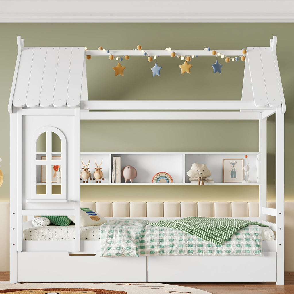 Twin house Beds with Storage Drawers and Window, Solid Wood House Platform Bed Frame with shelves, for Kids, Girls, Boys, No Spring Box Needed and Childlike Design, White