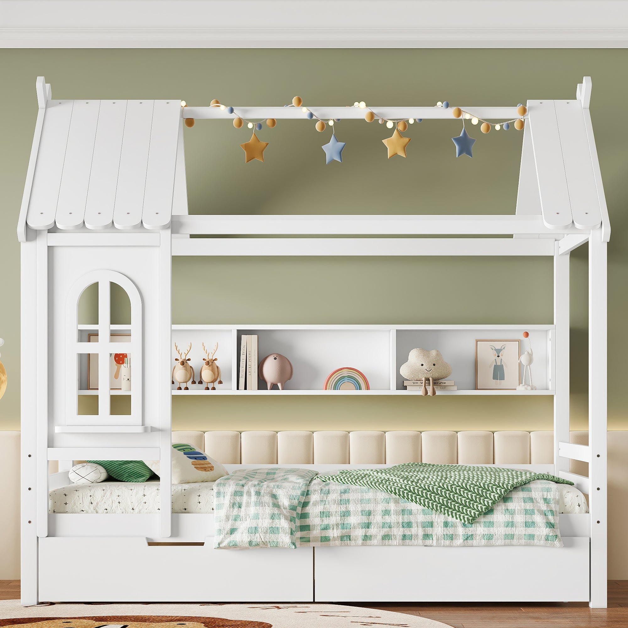 Twin house Beds with Storage Drawers and Window, Solid Wood House Platform Bed Frame with shelves, for Kids, Girls, Boys, No Spring Box Needed and Childlike Design, White