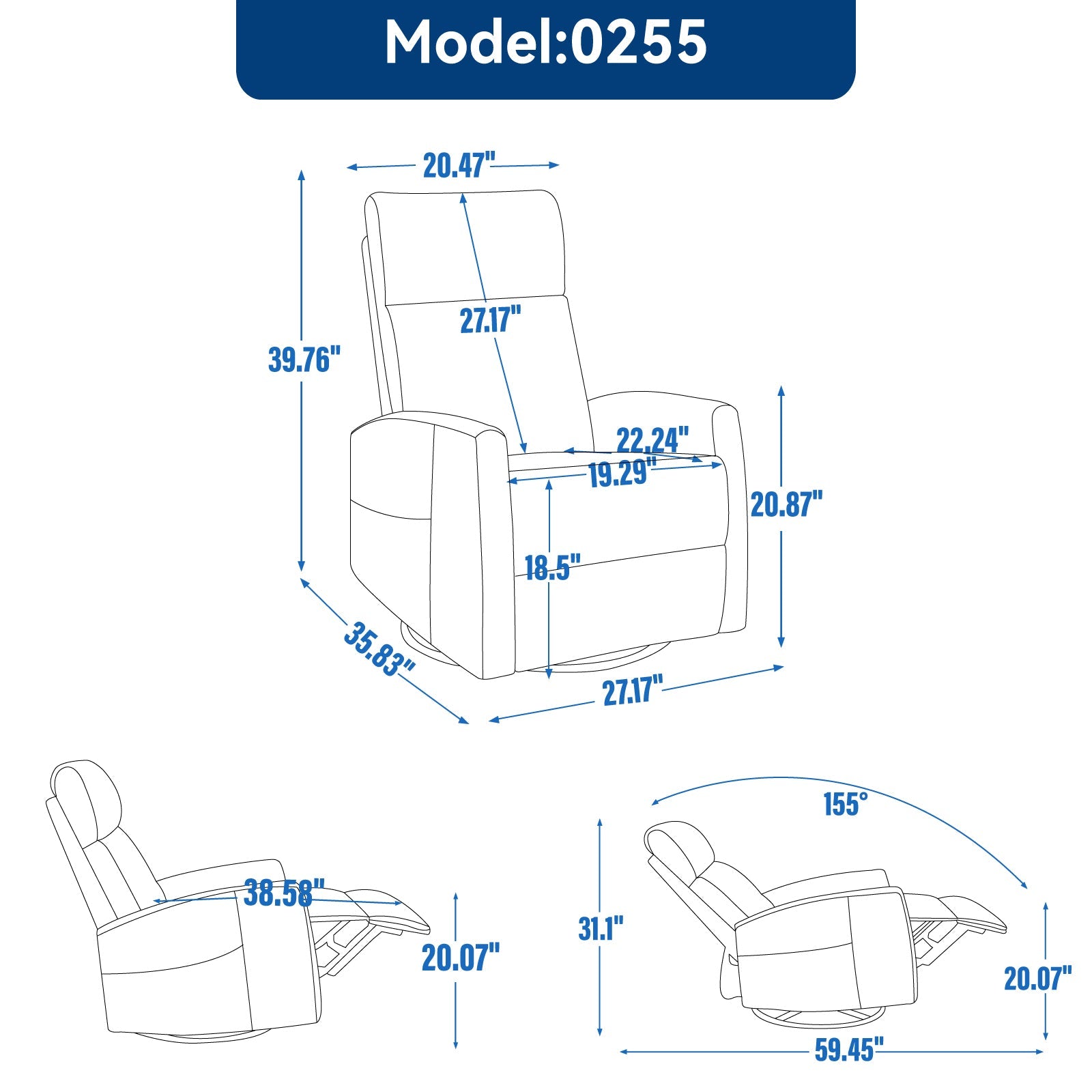 Heat Massage Manual Recliner Chair with Rocker and Swivel in Fabric for Living Room, Orange