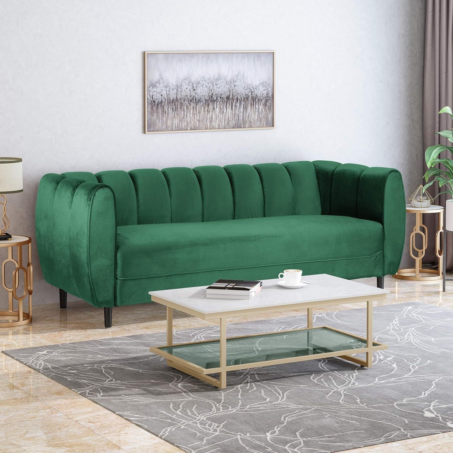 Miranda Velvet 3-Seater Sofa with Channel Stitching in Emerald Velvet and Birch Wood Legs