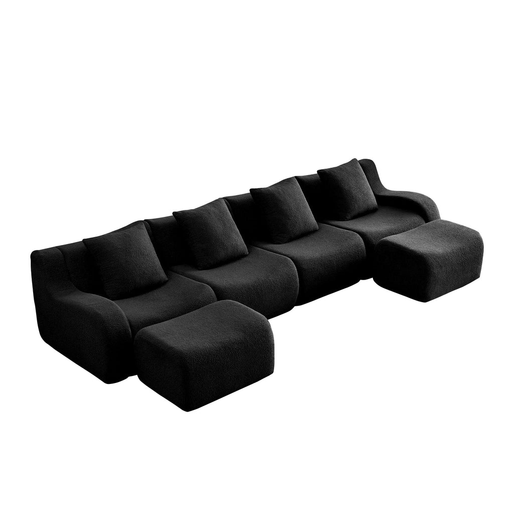 U-Shaped Boneless Sofa,Teddy Fabric No assembly required Curved armrest,Anti-slip Design,Streamlined Design 32D High Density Sponge,Full Compression Vacuum Packag,For Studies living Rooms,Black