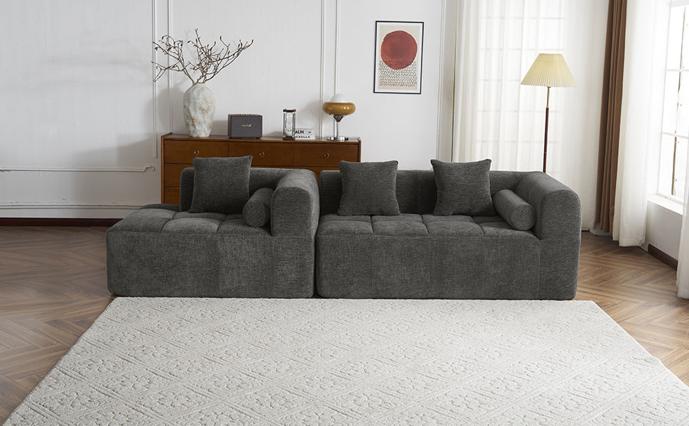 Modern Grey Modular Sectional Sofa with Deep Seating and Side Pockets in Chenille Fabric