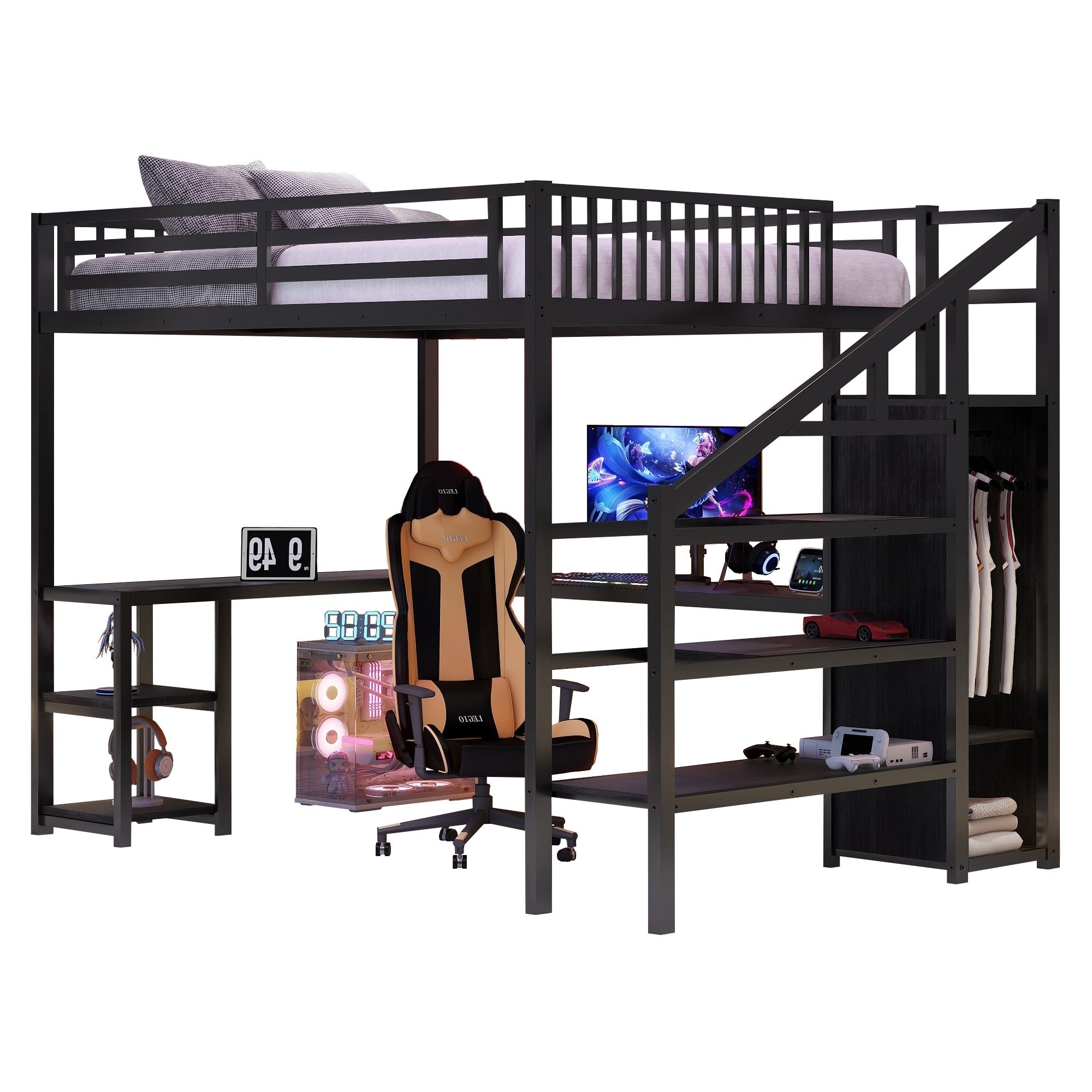 Metal Queen Loft Bed with Wardrobe and LED Light, Queen Size Loft Bed with L Shaped Desk and USB for Kids Teens Adults, Black(Old SKU W2593S00033)
