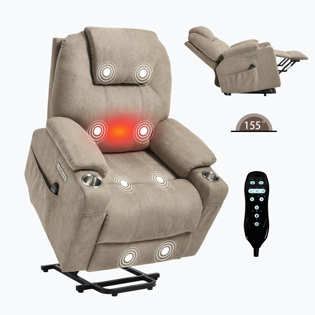 Up to 350 LBS polyester Power Lift Recliner Chair, Heavy Duty Motion Mechanism with 8-Point Vibration Massage and Lumbar Heating, USB and Type-C Ports, Stainless Steel Cup Holders, Khaki