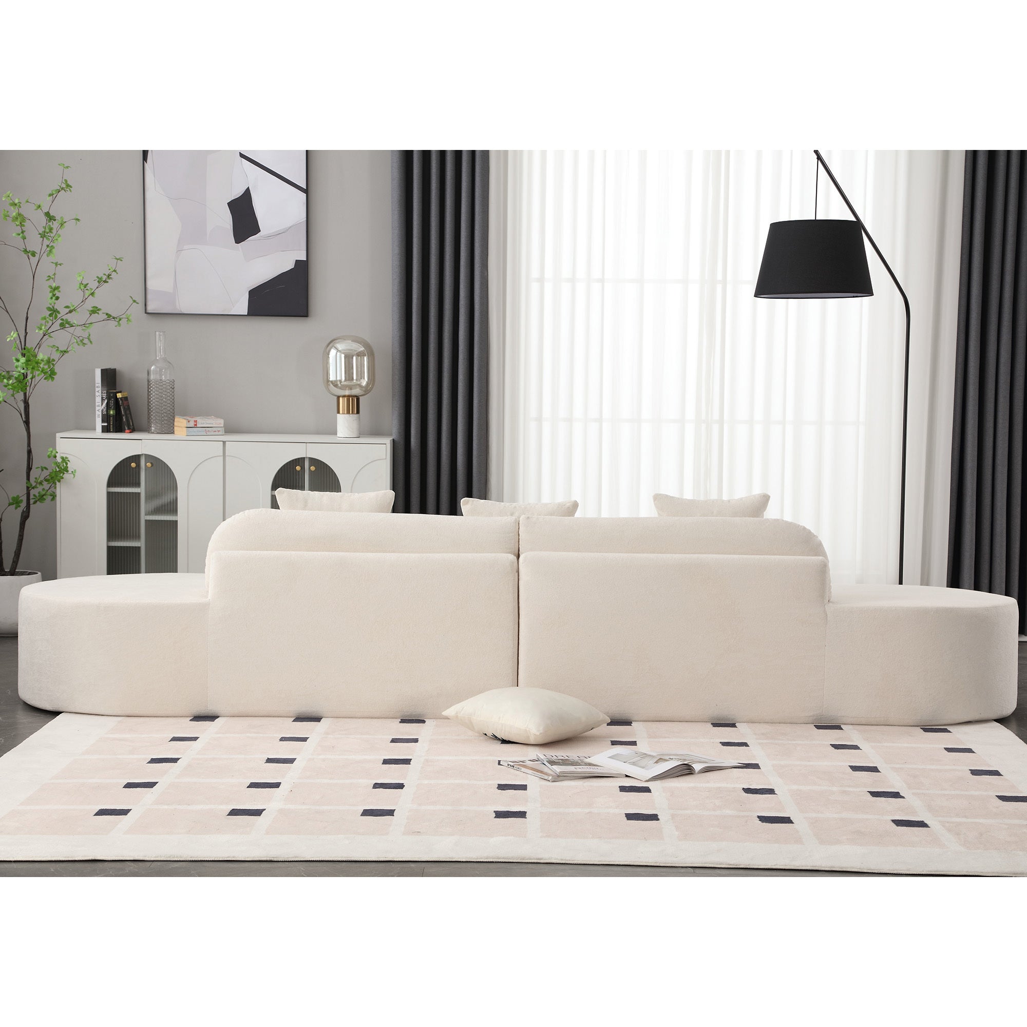 Modern curved combination sofa, terrycloth fabric sofa, minimalist sofa in living room, apartment, no assembly required, three  pillows,Beige