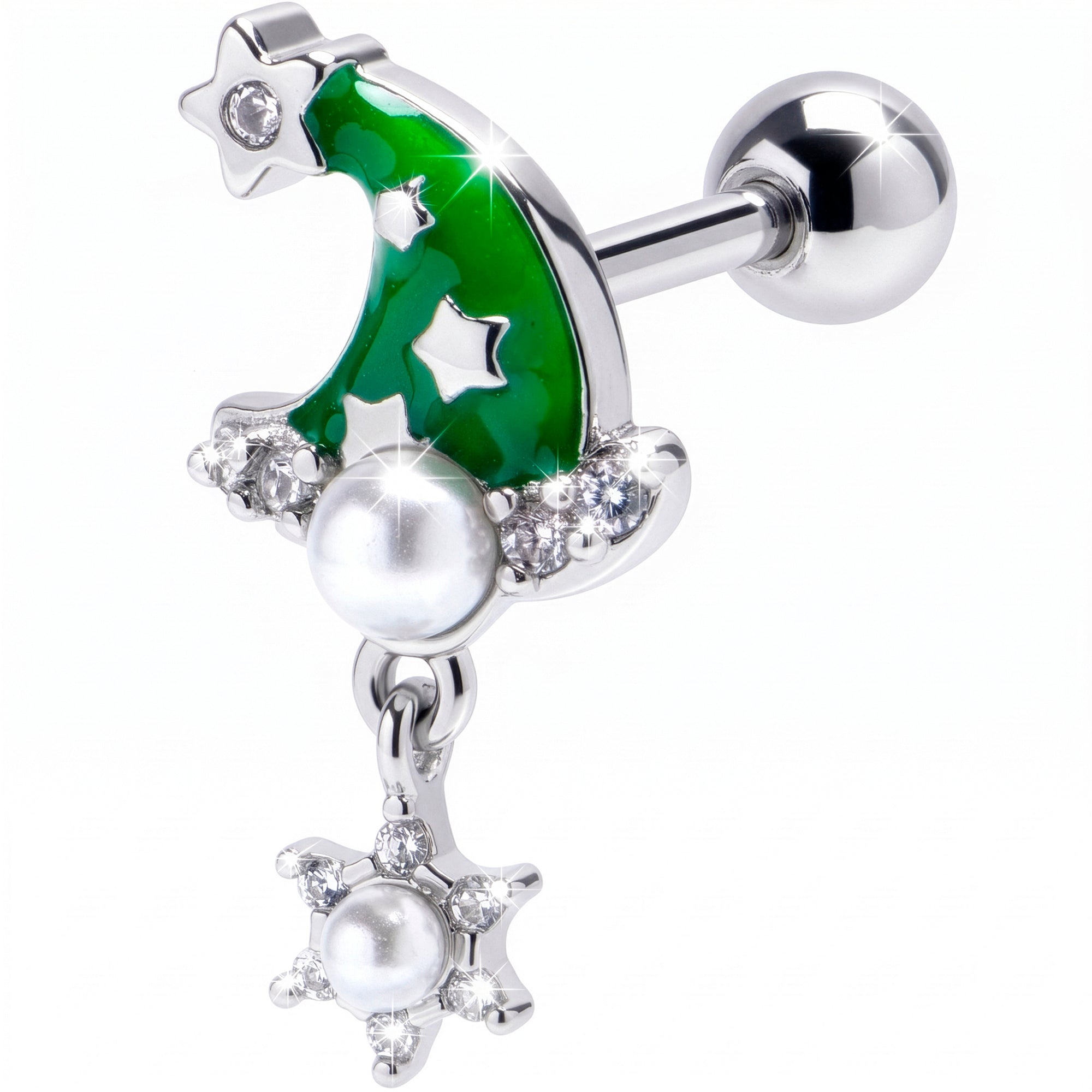 16G 1/4 Clear Gem Santa Hat Stars Green Dangle Cartilage Earring