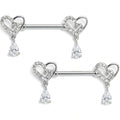 14G 9/16 Clear CZ Gem Asymmetrical Heart Dangle Nipple Ring Set