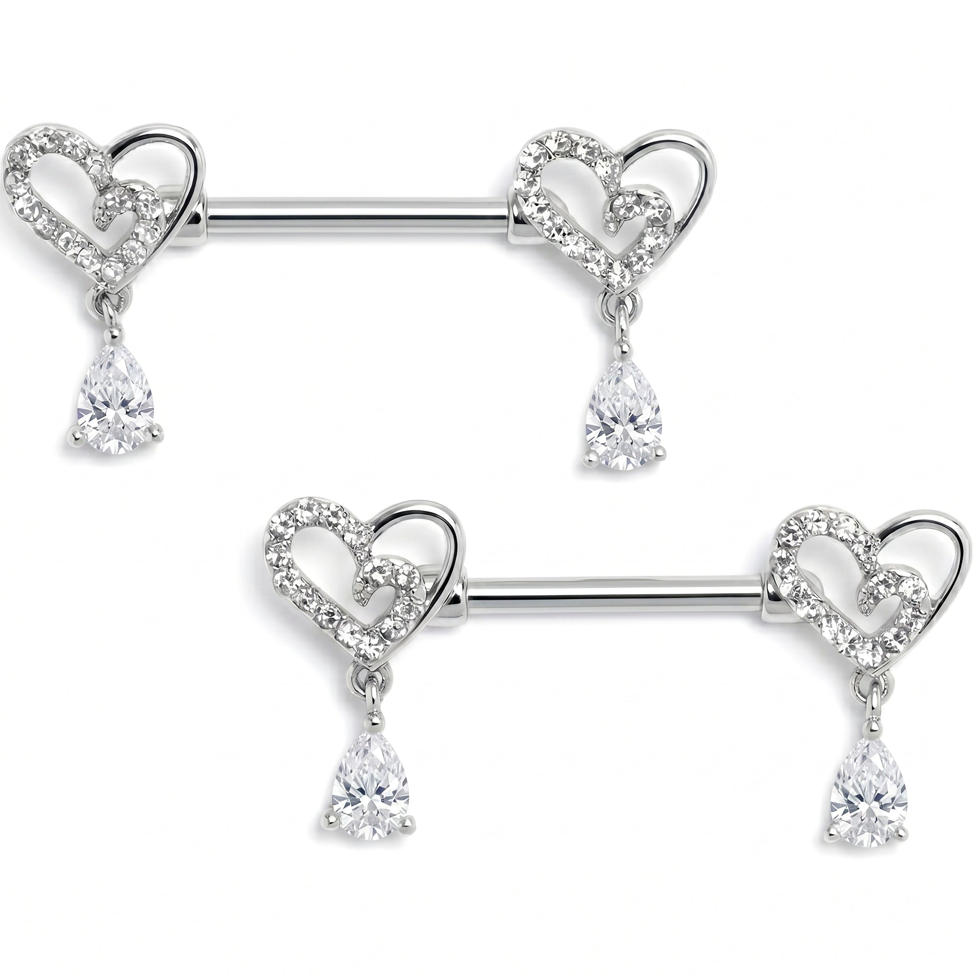 14G 9/16 Clear CZ Gem Asymmetrical Heart Dangle Nipple Ring Set