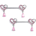 14G 9/16 Pink CZ Gem Asymmetrical Heart Dangle Nipple Ring Set