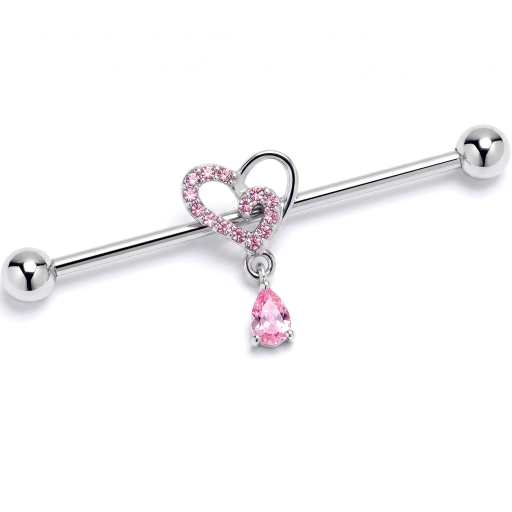 14G Pink CZ Gem Asymmetrical Heart Dangle Industrial Barbell 38mm