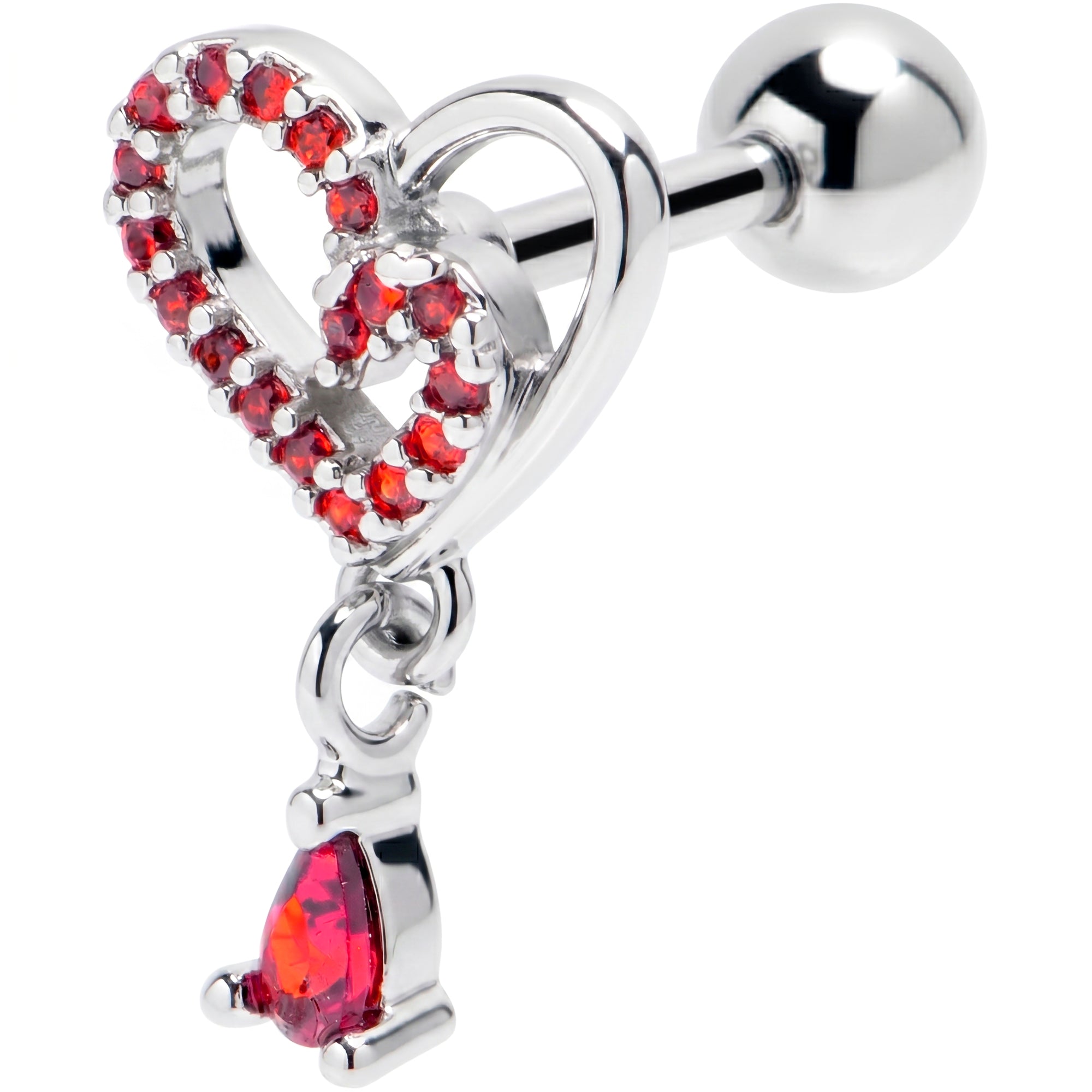 16G 1/4 Red CZ Gem Asymmetrical Heart Dangle Cartilage Earring