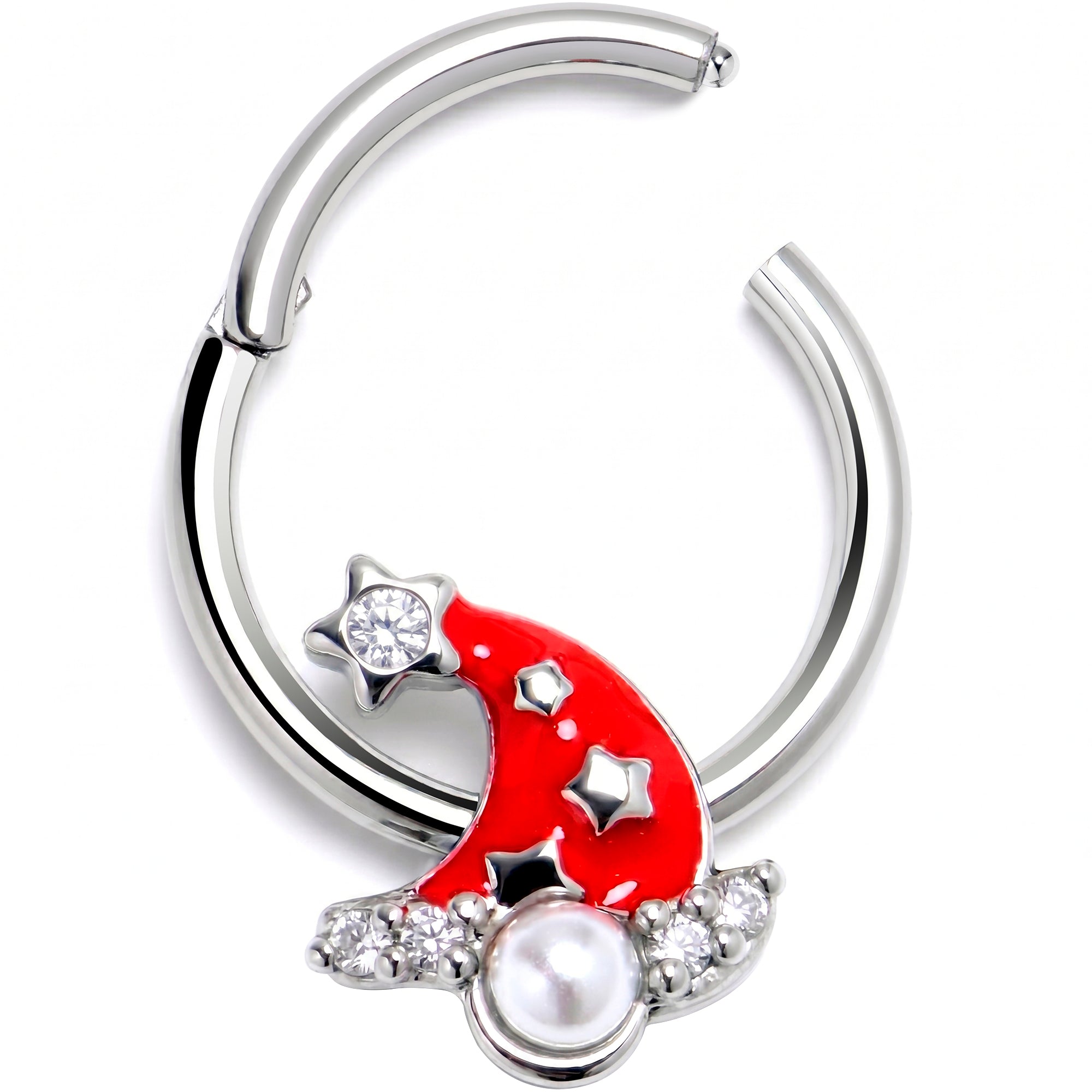 16G 3/8 Clear Gem Santa Hat Stars Red Hinged Segment Ring