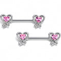 14G 9/16 Pink CZ Gem Wrapped In Heart Barbell Nipple Ring Set