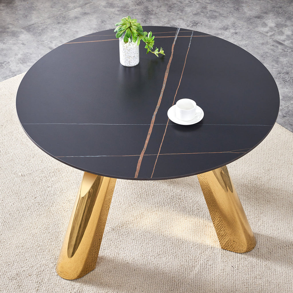 The 42-inch stainless steel gold-plated flamed granite round table with seating for 4 or 6 people is perfect for dining, entertaining, or as a conference table