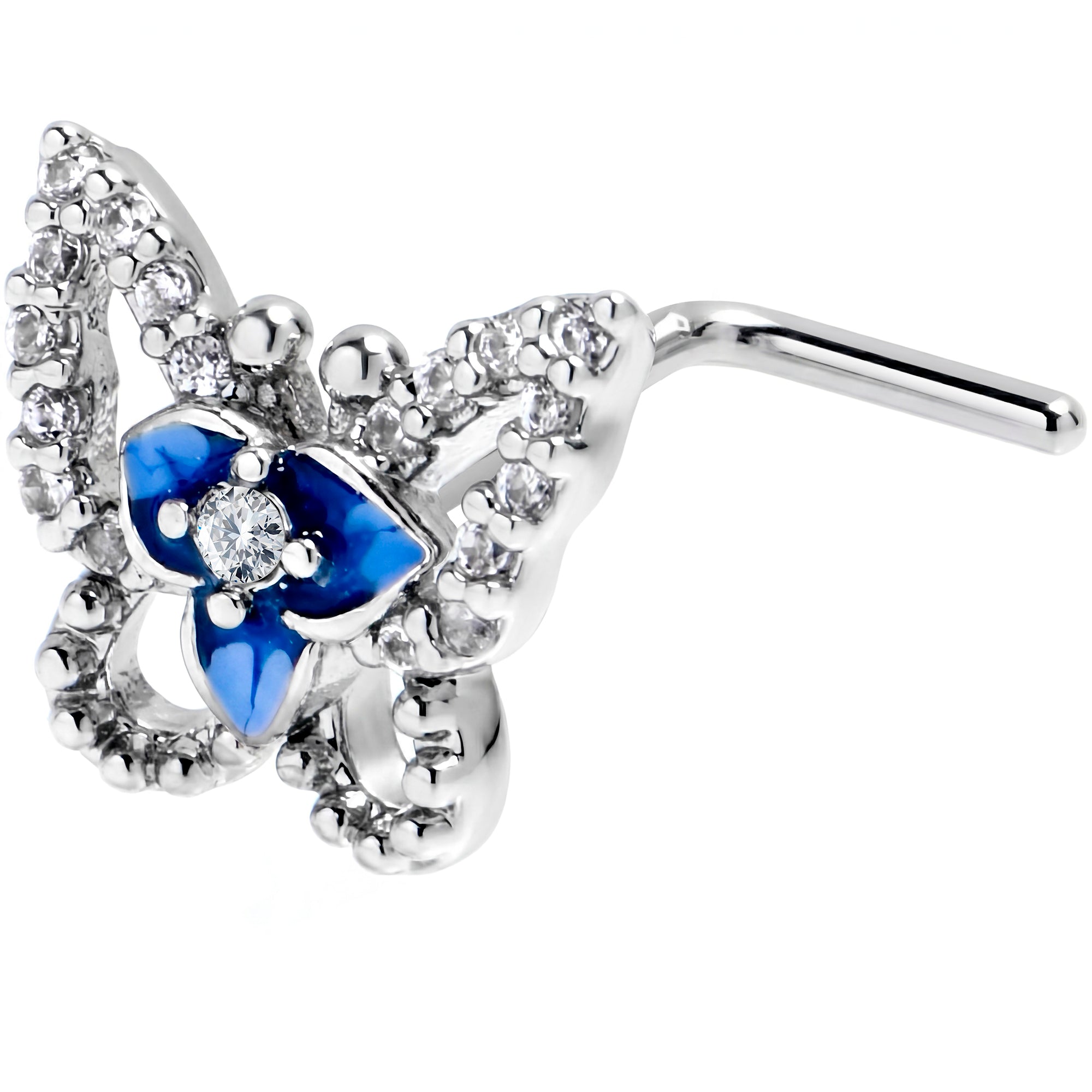 20G 7mm Clear Gem Fabulous Butterfly Blue L Shape Nose Ring